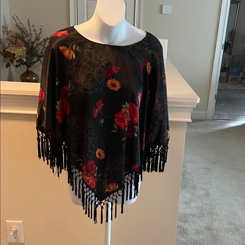 J.B.S. Black Shrug with Red Floral and Fringe